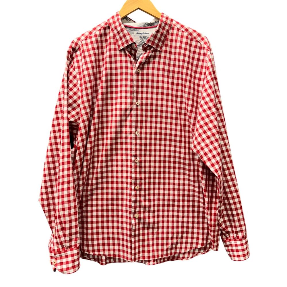 Tommy Bahama Shirt‎ Mens XL Red Gingham Contrast Cuffs Button Up Coastal Cotton